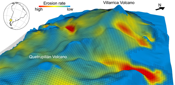 3-D simulação do modelo de uma glaciação no vulcão Villarrica