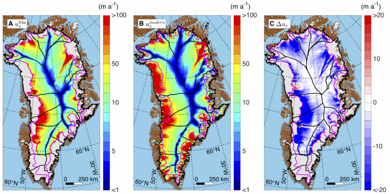 Ao comparar o mapa paleo-velocidade com taxas de fluxo modernos, os pesquisadores descobriram que o interior do manto de gelo está se movendo mais lentamente agora do que durante a maior parte do Holoceno